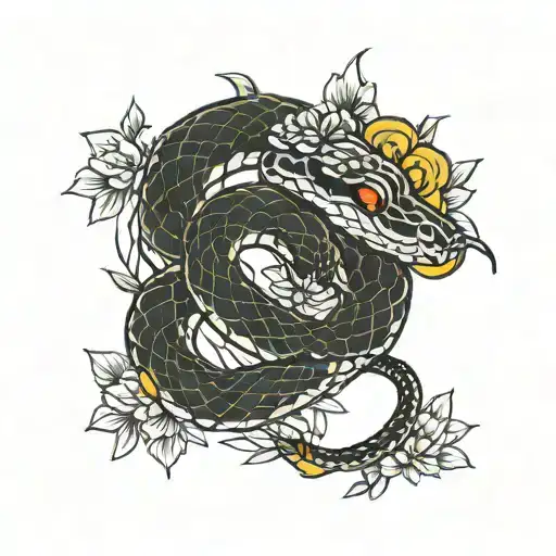 Japanese Style Snake With Flowers