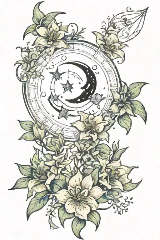 Esoteric Tattoo Zodiac Sign Cancer Moon Delphinium Lily Constellation