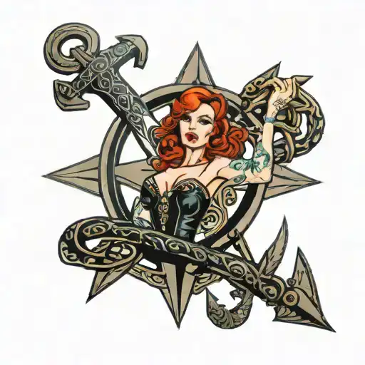 Red Head Pin Up Model Posing With An Anchor Surrounded