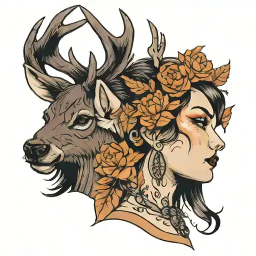 A Tattoo Where Half Of Her Face Is Human And The Other Half Is A Deer