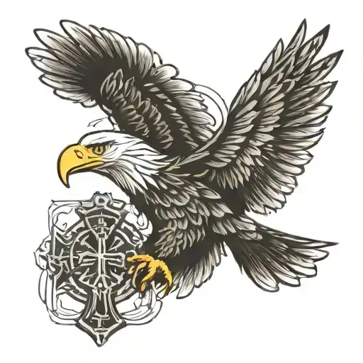 1 Single Eagle Protecting A Christian Cross With Its Wings