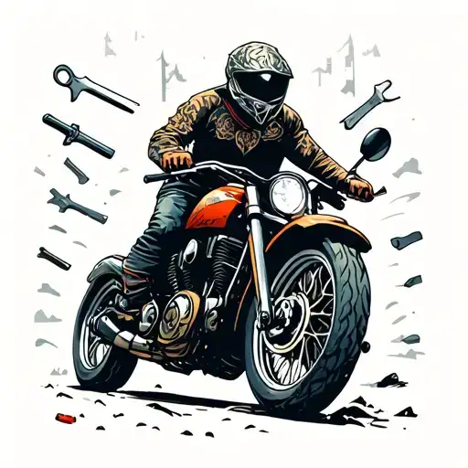 A Motorcycle Riding Through A Forest With Tools Scattered In The Background