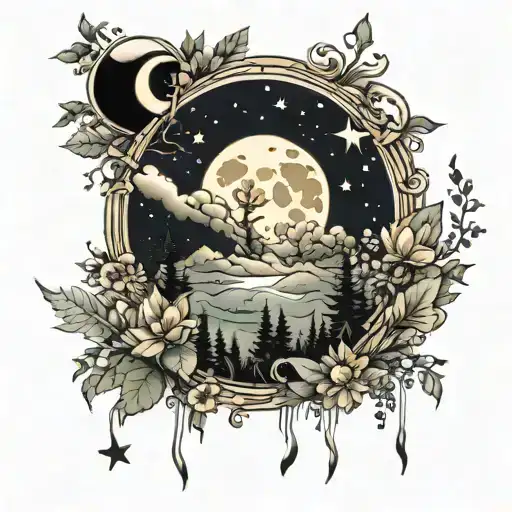 Nature Scene With Moon Phases And Stars