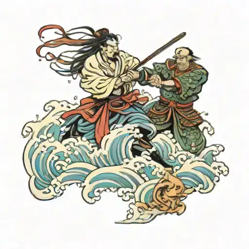 Japanese Samurai Beating A God In The Middle Of The Waves