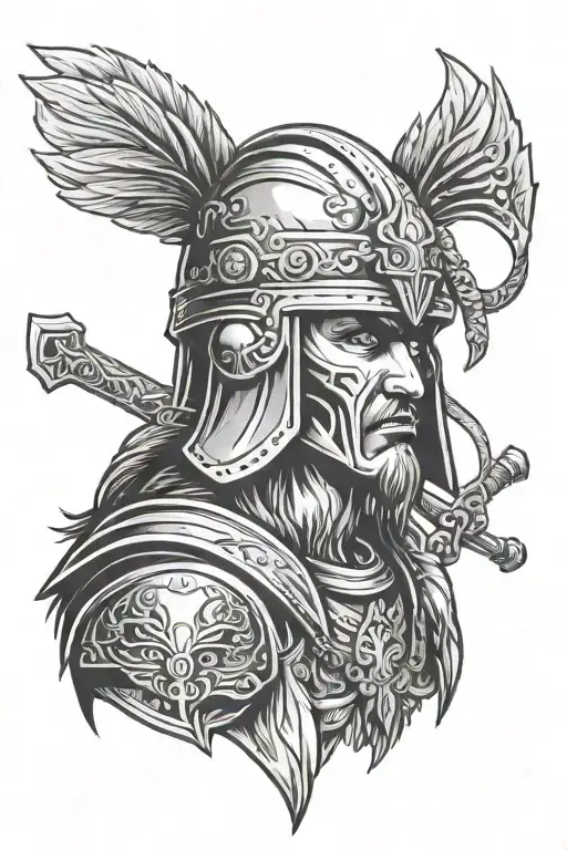 Face Of A Warrior With A Helmet Holding A Sword