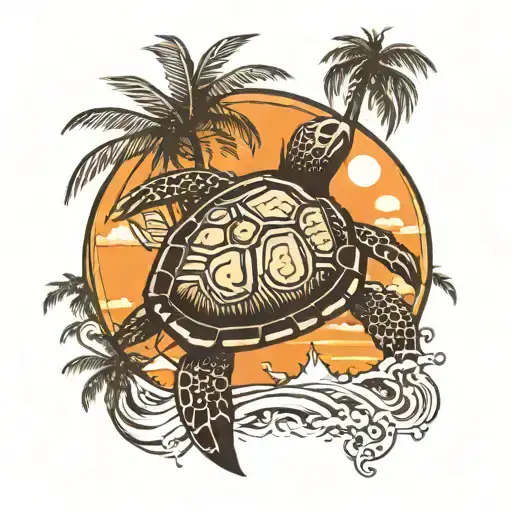 Sea Turtle Surrounded By Palms Rising Sun Rising