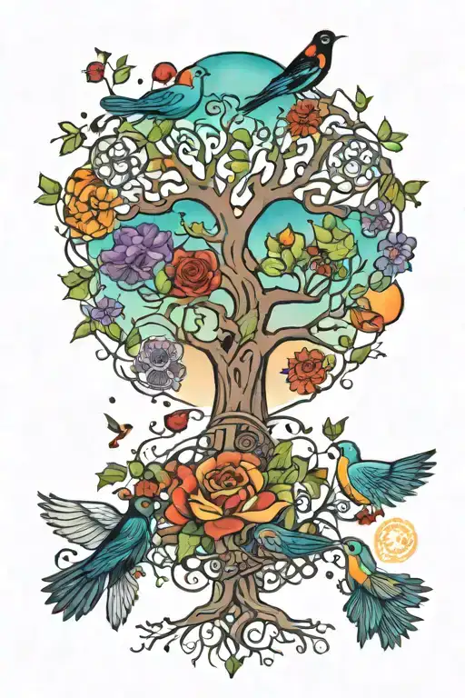 Tree Of Life And 7 Chakras With Birds Flying