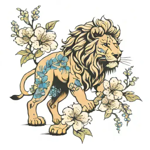 Cherry Blossom With Lion On One Side And Delphinium On The Other With Lioness