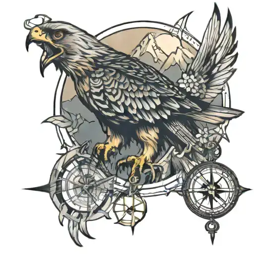 Hawk Perched By Mountains With Compass Rose