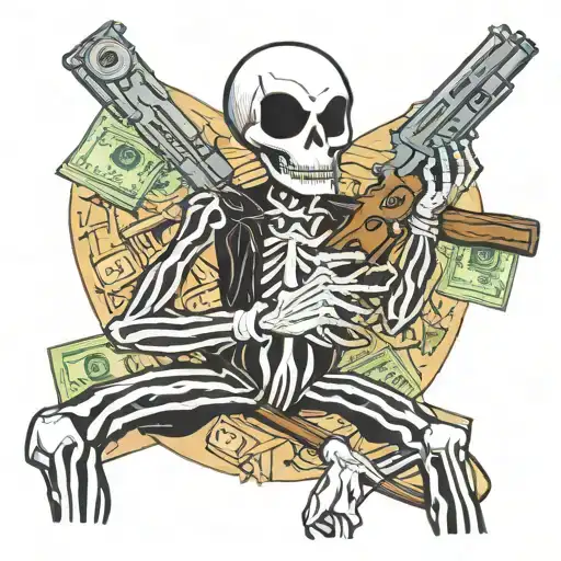 Jack Skeleton Holding A Gun Sitting Around Money