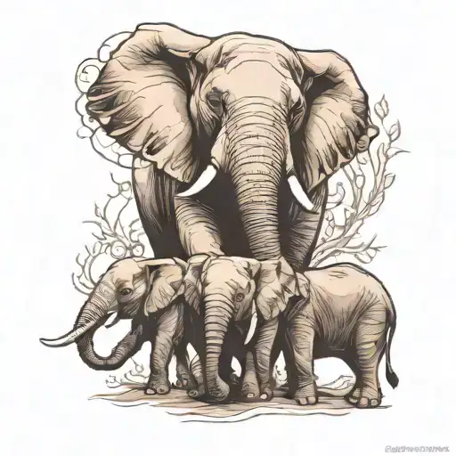 Two Adult Elephant And 5 Baby Elephant