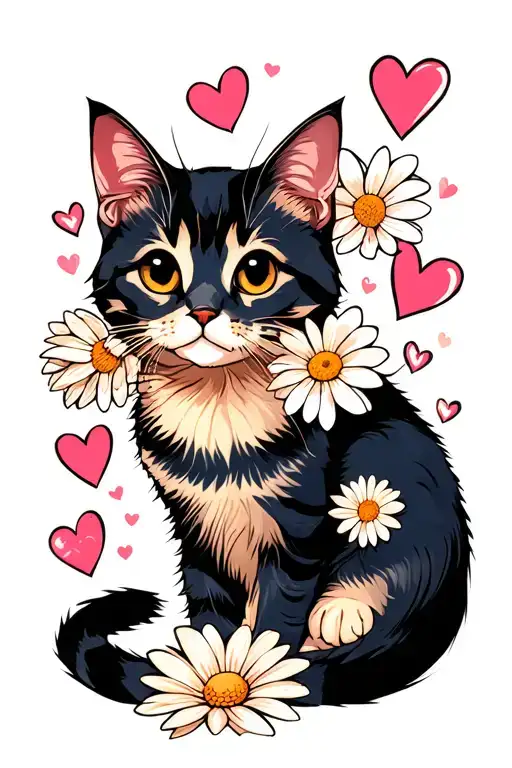 Cartoon Daises And Hearts Surrounded No Cats