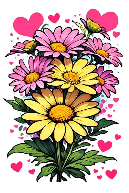 Cartoon Daises Surroundign Pink Hearts