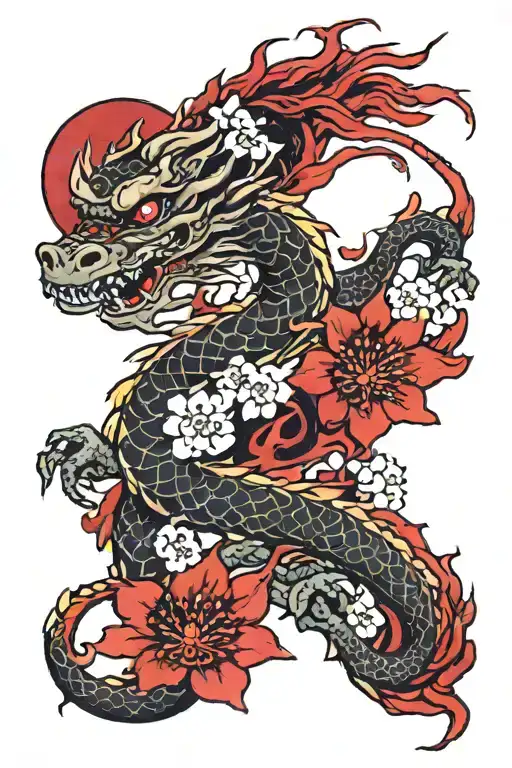 Cherry Blossom And Japanese Red Sun With A Dragon