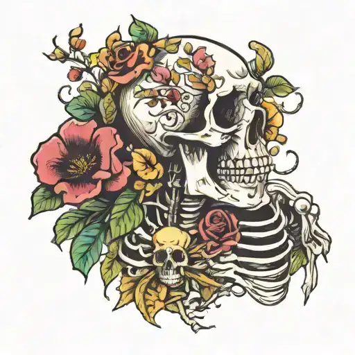 Skeleton With Flowers And Leaves And Mushrooms