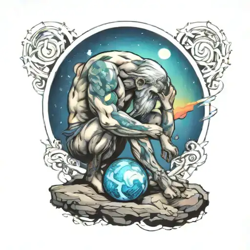 Atlas On Knees Holding Sky Background Aurora Borealis