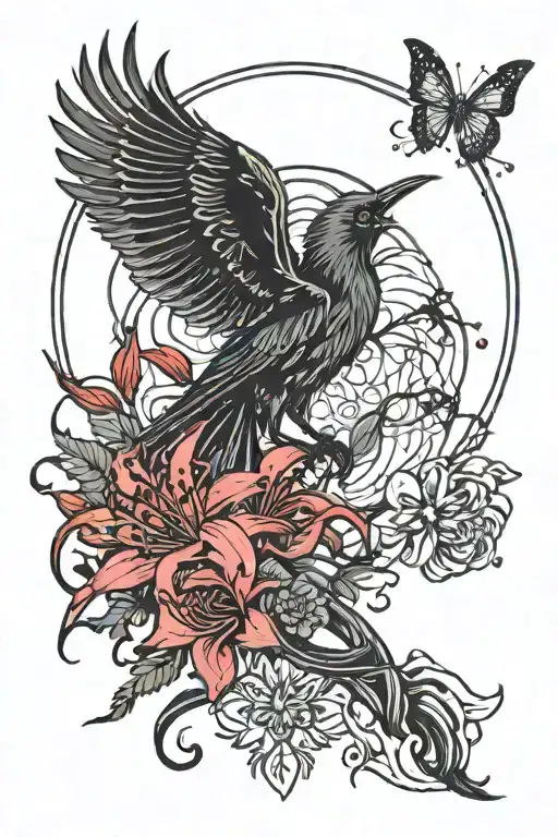 Red Spider Lily And Crow And Moon And Star And Fox And Butterfly And Red String Of Fate