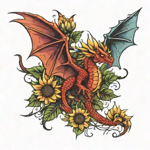 Red Dragon Flying With Open Wings And Sunflowers With Butterflies