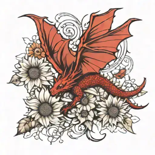 Red Dragon Flying With Butterflies And Sunflowers