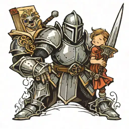 Child Holding A Book Open In Front Of A Knight Holding A Sword