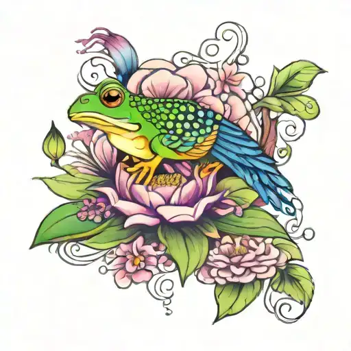 Frog And Peacock And Flowers