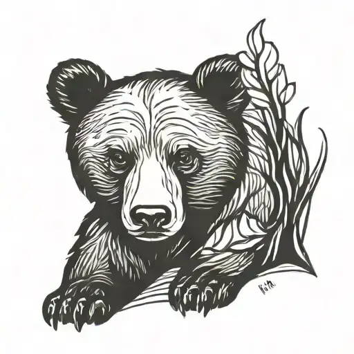 Playing Half Body Black Bear Cub Small Minimalist Silhouette Creative