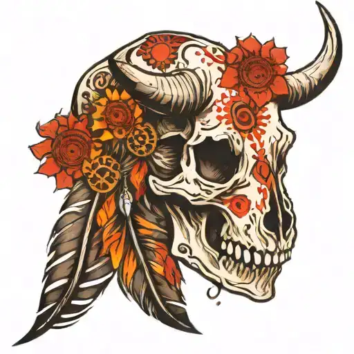 Cow Skull With Cherokee Tribals And Feathers