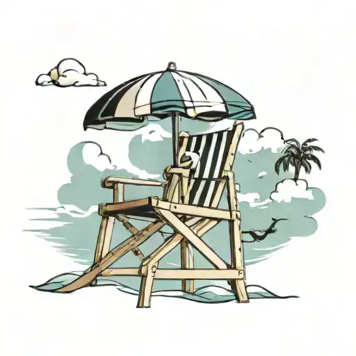 Lifeguard Chair High In The Air At Pool With Umbrella Sunny