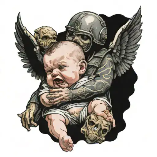 A Warrior Man Who Has Lost His Hands And Baby Angels Are Crying Over His Head