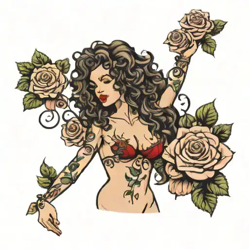 Female Body With Curly Hair And Roses Growing