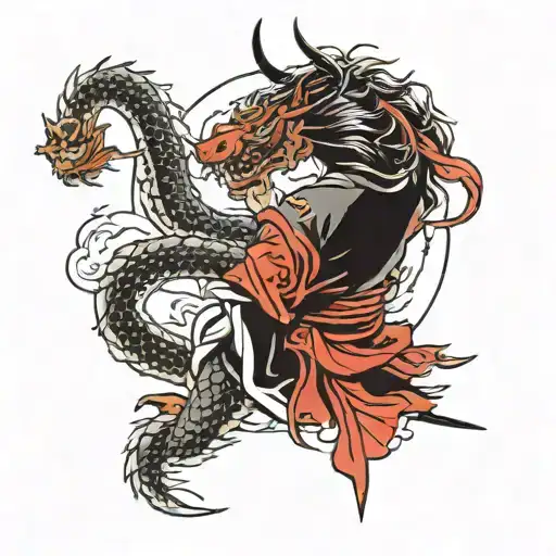 Japanese Backpiece Female Samurai Black And Red With Ferocious Dragon