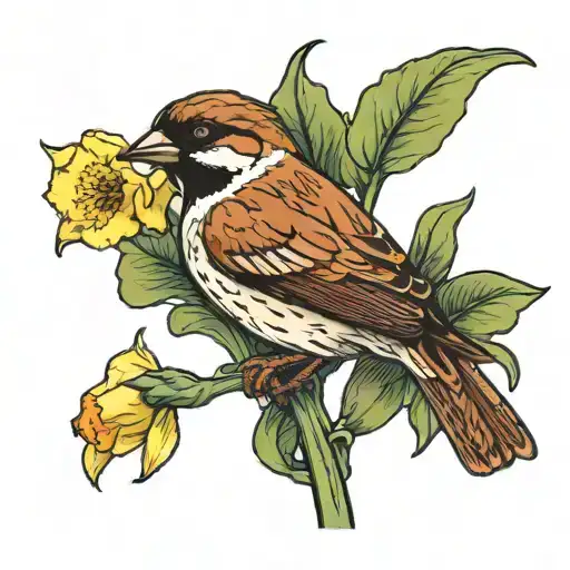 Male Sparrow With Daffodil