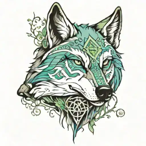 Wolf Head Blue Eye Green Eye Surrounded By A Forest With Runes Hand