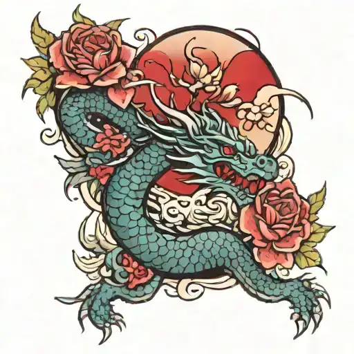 Dragon And Flower And Red Moon