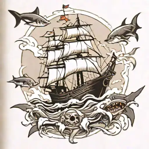 Lighting Storm With Pirate Ship And Sharks