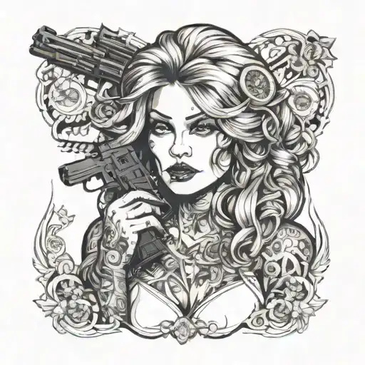 Beautiful Woman With Hair Made Of Money And Holding A Gun
