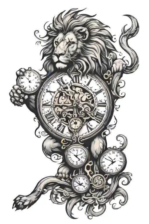 Lion And Clock Sleave Tatoo