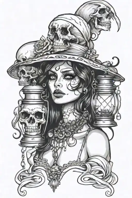 Lady Face Profile Holding Lantern With Skulls On Her Necklace