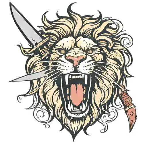 Roaring Lion Head With Knife Piercing Head