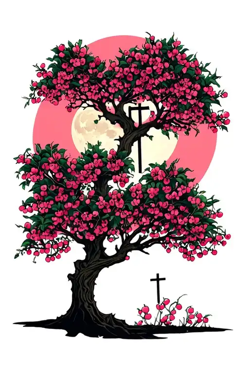 Cherry Bloosm Tree With Moon In The Back Incorporated With A Cross