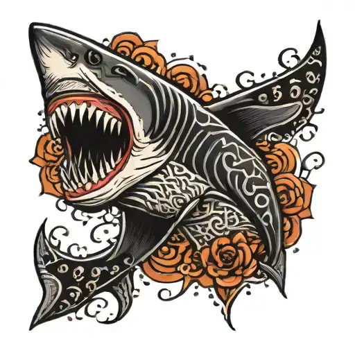 A Fierce Shark With Heavy Metal Inspired Patterns Swimming Through A Sea Of Skulls