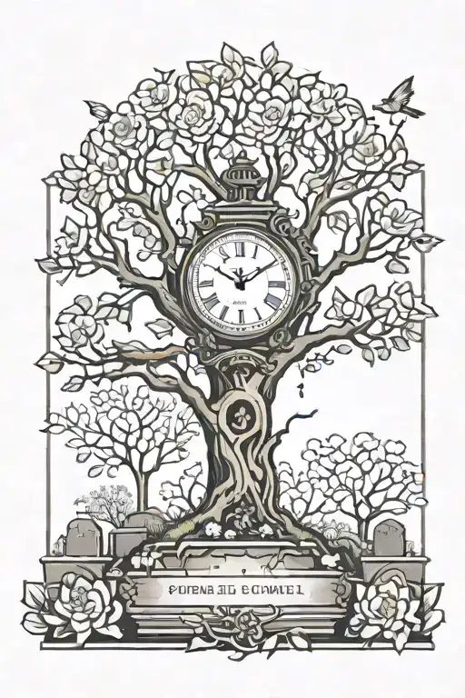 Wide Tree With Gravestones At The Bottom With Flowers And Timepiece