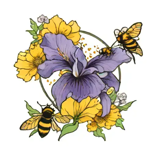 Iris And Dandelion In A Circle With A Small Bee
