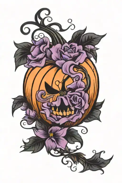 Halloween Orange Pumpkin Pink And Purple Flowers