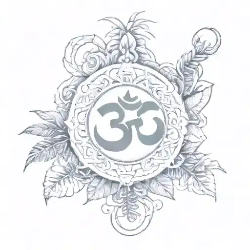 Om Symbol With Tropical Plants Growing From A Broken