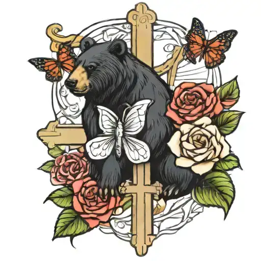 Black Bear Roses Butterfly Jesus Cross
