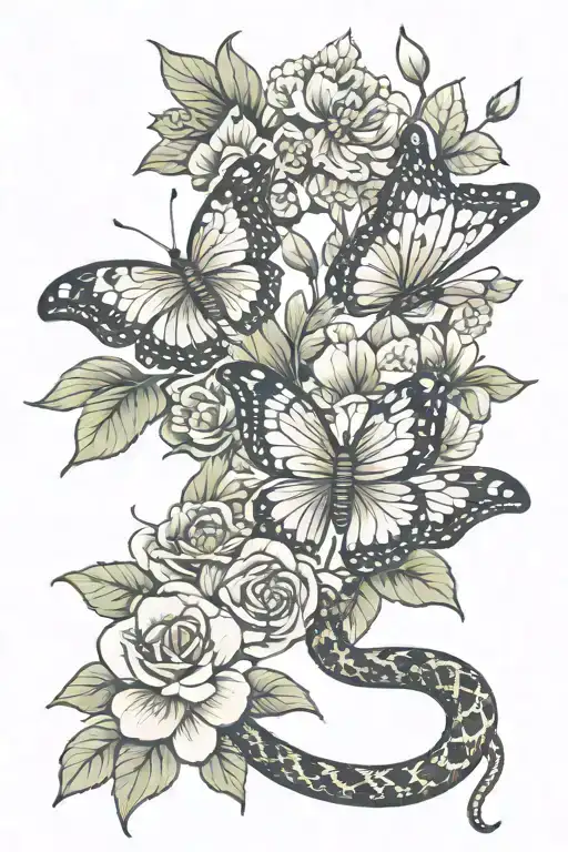 Butterfly On A Flower And A Snake Coiled