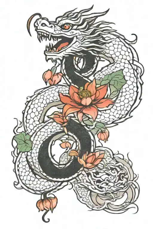 Chinese Dragon And Lotus Flower Intertwined