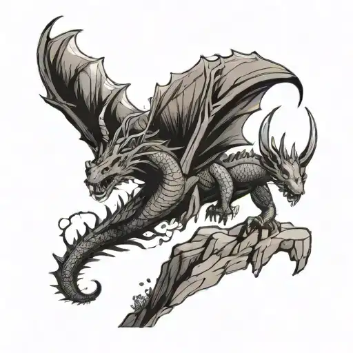 Rocky Cliff With Water Stream Running Down Cliff Dragon Flying Over Cliff