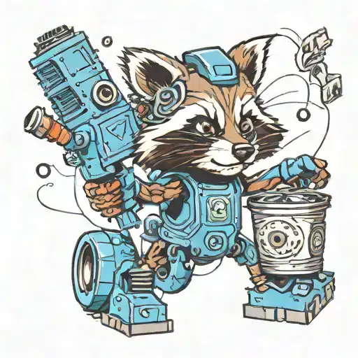 Blue Robot Raccoon Digging Through Trash Cartoon Style